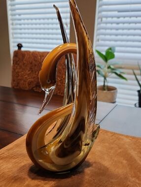 Murano Handblown Amber Glass Swan Sculpture - Elegant Home Art
